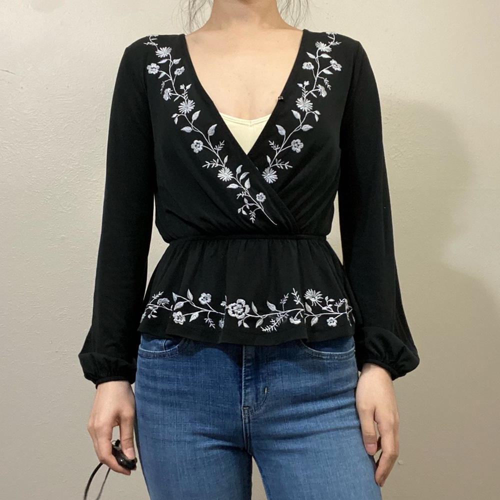 Blue rain boho modal floral embroidery blouse top